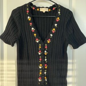 Sezane Black Ribbed Cardigan with Floral Embroidery